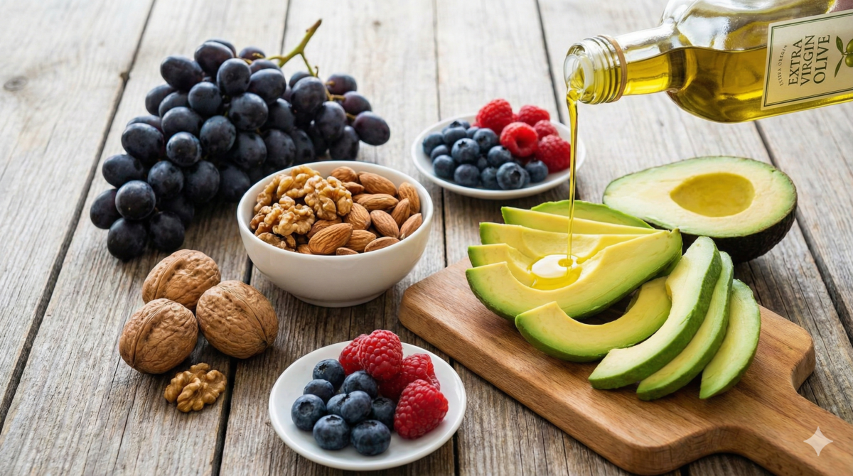 Longevidade: 5 Alimentos para Viver Mais e Melhor Seleção de alimentos saudáveis para longevidade com abacate, nozes, uvas e azeite de oliva sobre mesa de madeira - TeleMedi BRASIL