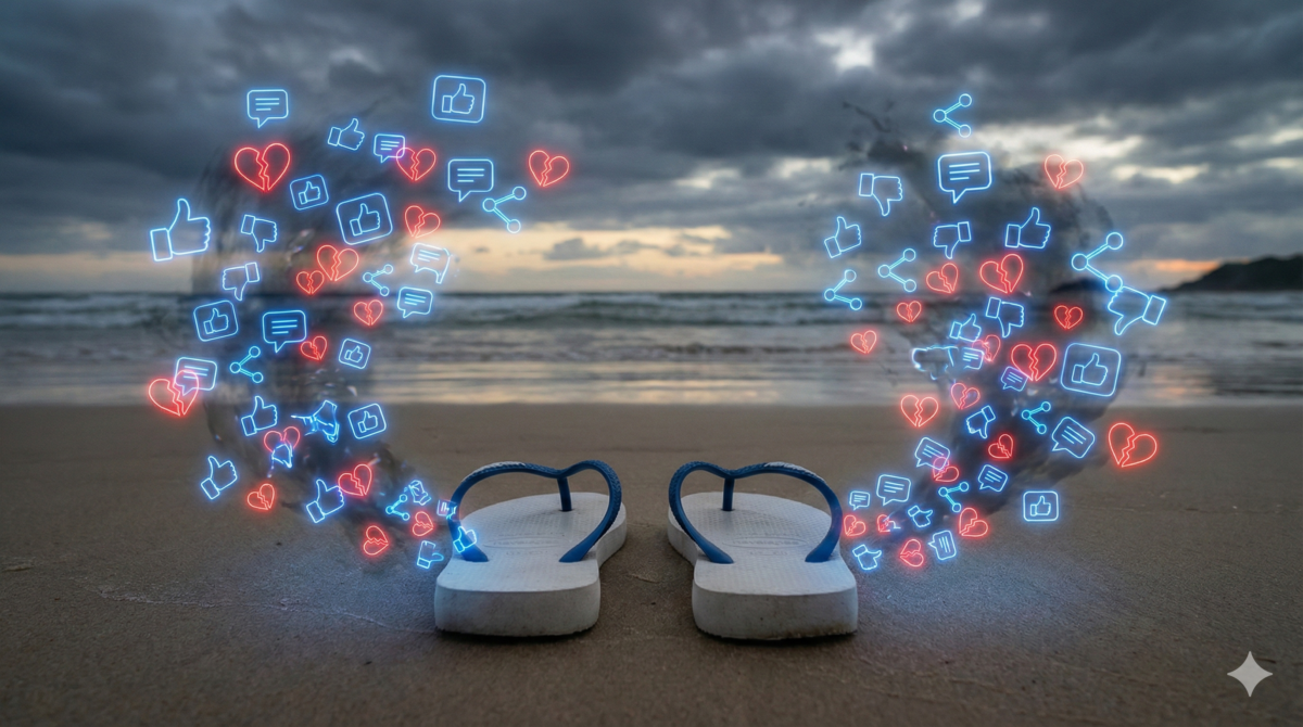 3 lições emocionais do boicote às Havaianas Tempestade digital de ícones de redes sociais (likes, dislikes, corações partidos) envolvendo um par de sandálias Havaianas na praia, representando as lições emocionais do boicote.